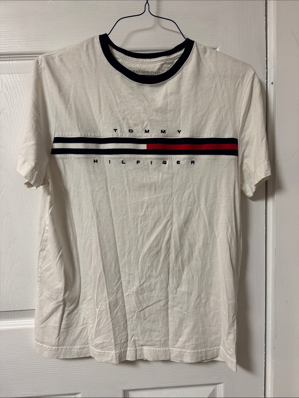 Tommy Hilfiger Men's White Crew Neck Logo Tee with Navy & Red Stripe